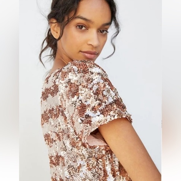 Anthropologie Maeve Rose Gold Sequins Bernadette Tiered Midi Dress Small - Picture 5 of 16